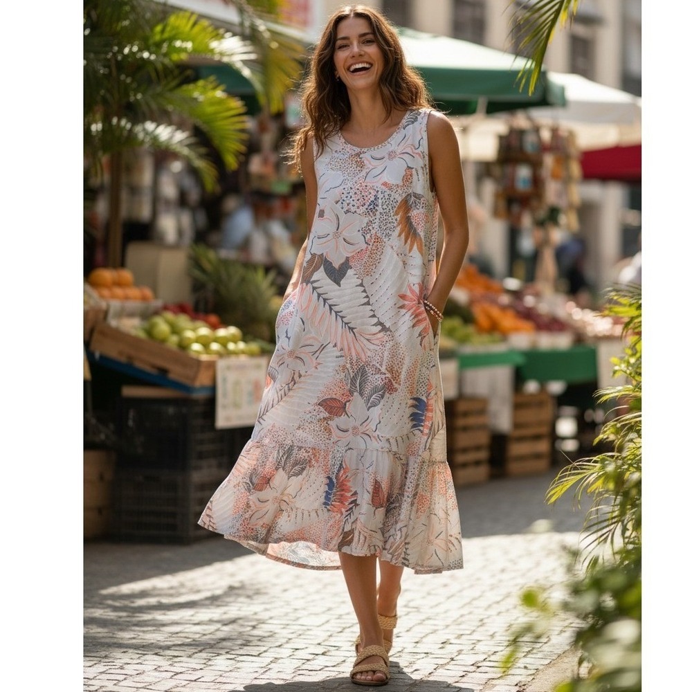 Fresh Produce Tropical Floral Rayon Sleeveless Midi Dress Pink Blue Vacation - M